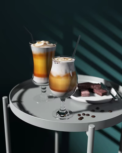 Layered Iced Coffee Drinks With Cream Topping Straws On Tray Coffee Beans And Chocolate Pieces 3d model