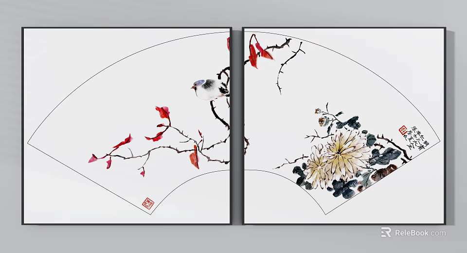 Traditional Chinese Fan Shaped Plant Paintings With Branches Red Leaves Chrysanthemum And Bird 3d model 