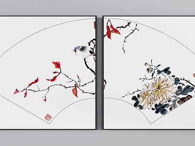 Traditional Chinese Fan Shaped Plant Paintings With Branches Red Leaves Chrysanthemum And Bird 3d model