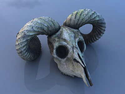Public Museum Display Featuring Sheep Skull With Large Curved Horns 3d model