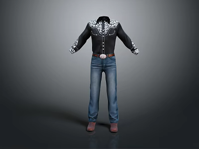 Black Western Top With White Decorations Buttons Blue Jeans Brown Belt And Shoes Outfit 3d model