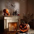 Halloween Living Room Sofa and Coffee Table Set with Pumpkin Decor Fireplace and Chandelier