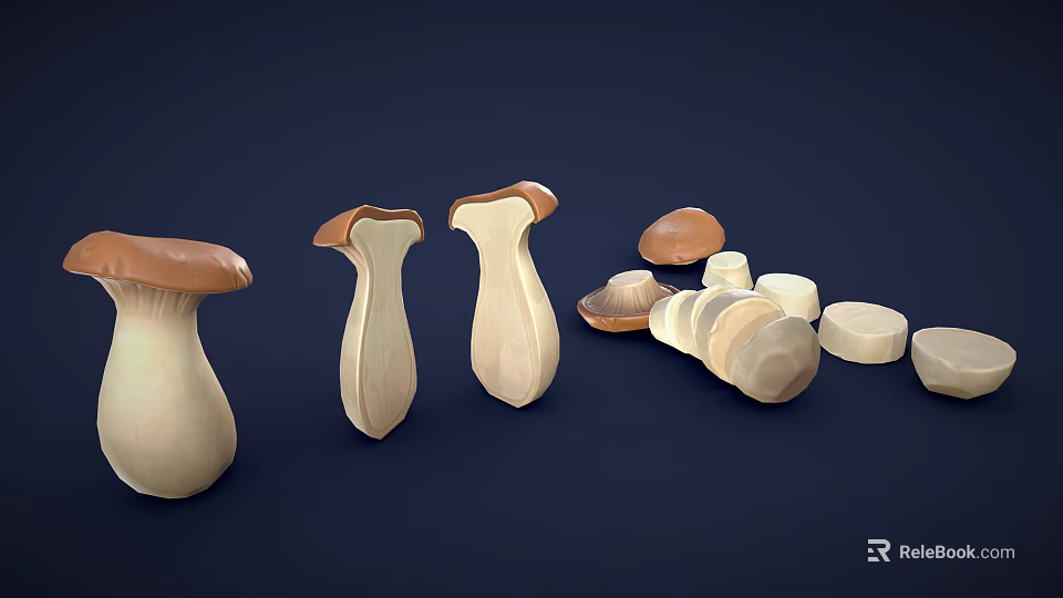 Fresh Vegetable Mushrooms 3D Rendered in Various Shapes and Sizes Against Dark Blue Background 3d model 