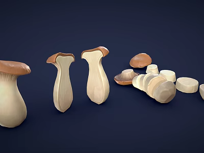 Fresh Vegetable Mushrooms 3D Rendered in Various Shapes and Sizes Against Dark Blue Background 3d model