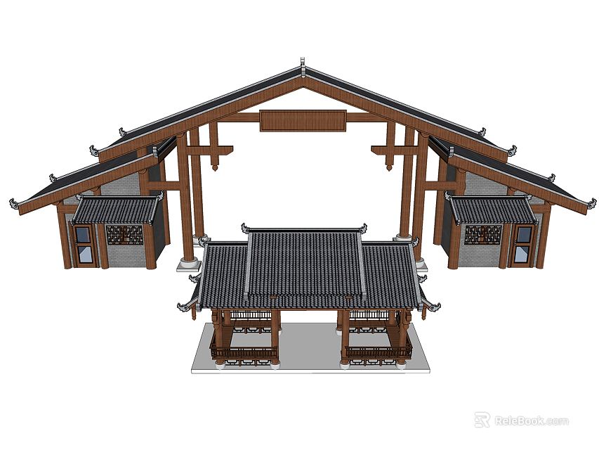 Traditional Chinese Courtyard Entrance With Wooden Structure Overhanging Eaves And Tiled Roof 3d model 