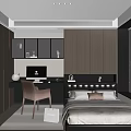 Modern Tatami Bedroom Interior With Wooden Cabinets Desk Chair And Window Blinds