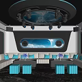 Modern KTV Lounge With Blue Lighting Circular Ceiling Large Screen And Comfortable Sofas