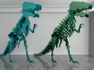 Blue And Green Metallic Dinosaur Skeleton Sculptures Indoor With Marble Floor And White Wall 3d model