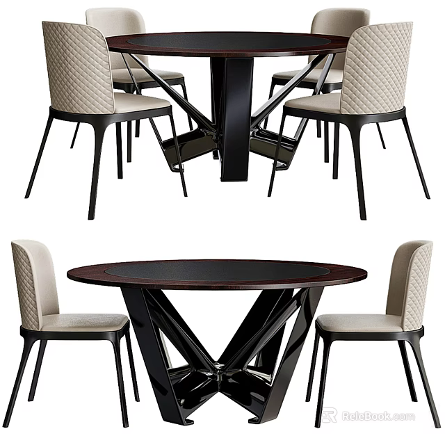 Modern Dining Table Set With Round Dark Top And Beige Upholstered Black Metal Leg Chairs 3d model 