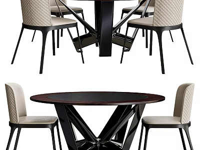 Modern Dining Table Set With Round Dark Top And Beige Upholstered Black Metal Leg Chairs 3d model