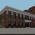 Red Brick Office Building With White Trim Columns Large Windows Entrance And Trees