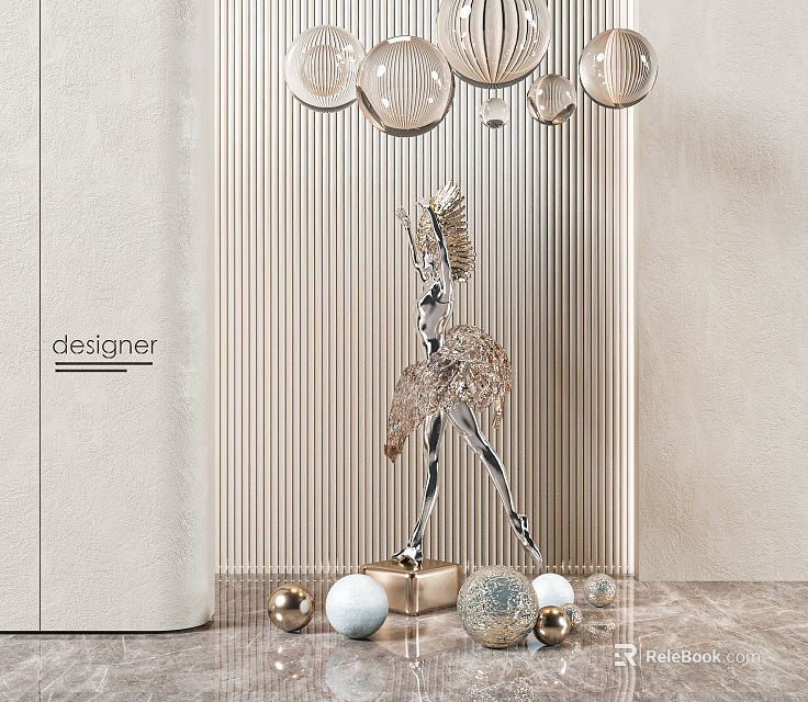 Elegant Modern Designer Metal Sculpture Interior Decor With Decorative Balls And Striped Wall Panel 3d model 