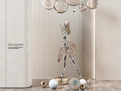 Elegant Modern Designer Metal Sculpture Interior Decor With Decorative Balls And Striped Wall Panel 3d model
