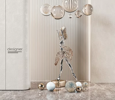 Elegant Modern Designer Metal Sculpture Interior Decor With Decorative Balls And Striped Wall Panel 3d model