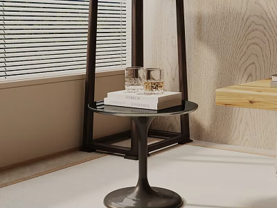 Black Round Base Side Table With Books And Glass Near Window Blinds And Light Wall 3d model