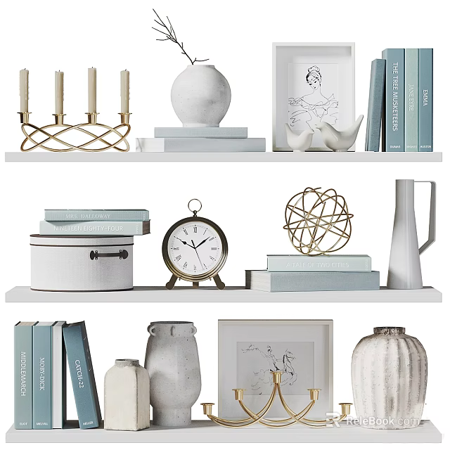 Ornamental Decor Set Featuring Candle Holders White Vase Clock Books And Metal Balls On Shelf 3d model 