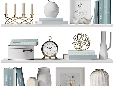 Ornamental Decor Set Featuring Candle Holders White Vase Clock Books And Metal Balls On Shelf 3d model