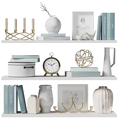 Ornamental Decor Set Featuring Candle Holders White Vase Clock Books And Metal Balls On Shelf 3d model