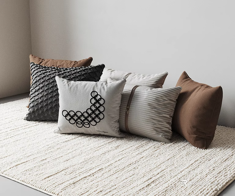 Decorative Throw Pillows with Textured Circular Pattern Striped and Solid Colors on White Woven Rug 3d model 