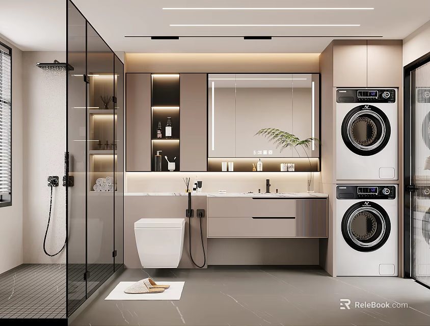 Modern Bathroom Interior With Glass Shower Partition Vanity Mirror And Washer Dryer 3d model 