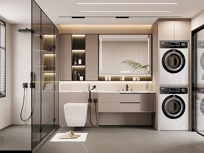 Modern Bathroom Interior With Glass Shower Partition Vanity Mirror And Washer Dryer 3d model