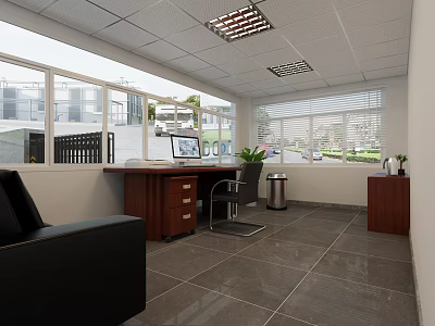 Modern Office Interior With Large Windows Blinds Desk Computer Office Chair Sofa Plant And Tiled Floor 3d model