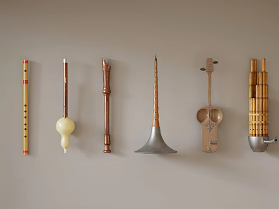 Traditional Musical Instruments Mounted on Beige Wall Featuring Flute Gourd Horn Lute and Panpipes 3d model