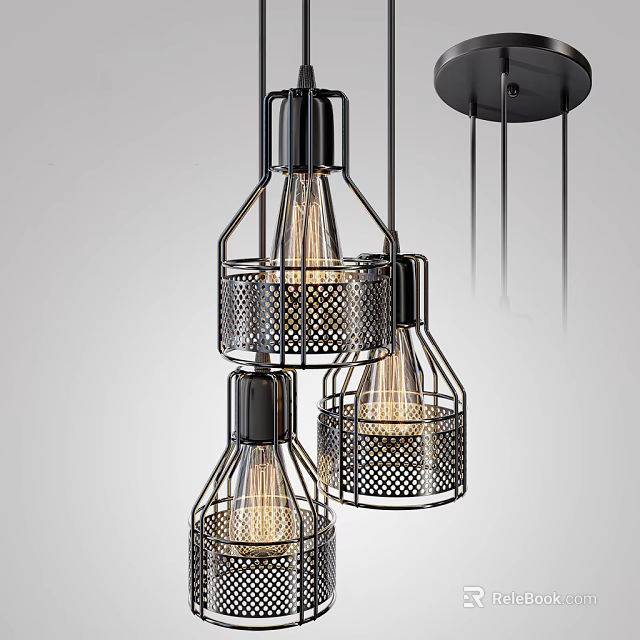 Modern Three Light Chandeliers With Metal Cage Mesh Shades And Vintage Bulbs 3d model 