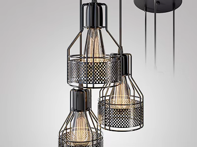 Modern Three Light Chandeliers With Metal Cage Mesh Shades And Vintage Bulbs 3d model