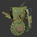 Detailed Green Robot Character With Large Wheel Cannon And Mechanical Arm UNIT 12