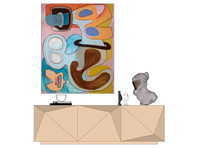 Colorful Abstract Painting Above Geometric Cabinet With Dog Sculpture And Decorative Items 3d model