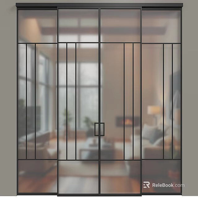 Modern Glass Sliding Door With Black Vertical Bars In Living Room Interior 3d model 