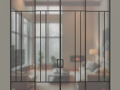 Modern Glass Sliding Door With Black Vertical Bars In Living Room Interior 3d model