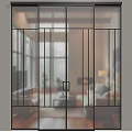Modern Glass Sliding Door With Black Vertical Bars In Living Room Interior