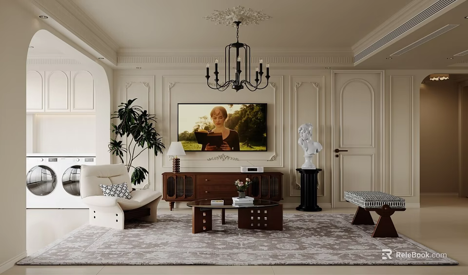 Modern Living Dining Room Interior With Chandelier Sofa Coffee Table And Plant 3d model 