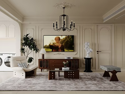 Modern Living Dining Room Interior With Chandelier Sofa Coffee Table And Plant 3d model