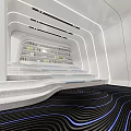 Modern Book Art Interior Space with Curved Bookshelves Black Linear Lights and Large Window