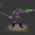 Blue Gold Armored Game Movie Character Standing With Glowing Blue Sword And Flamethrower On Base