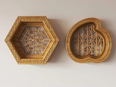 Wooden Hexagonal and Heart Shaped Carved Lattice Windows with Intricate Carvings and Geometric Patterns 3d model