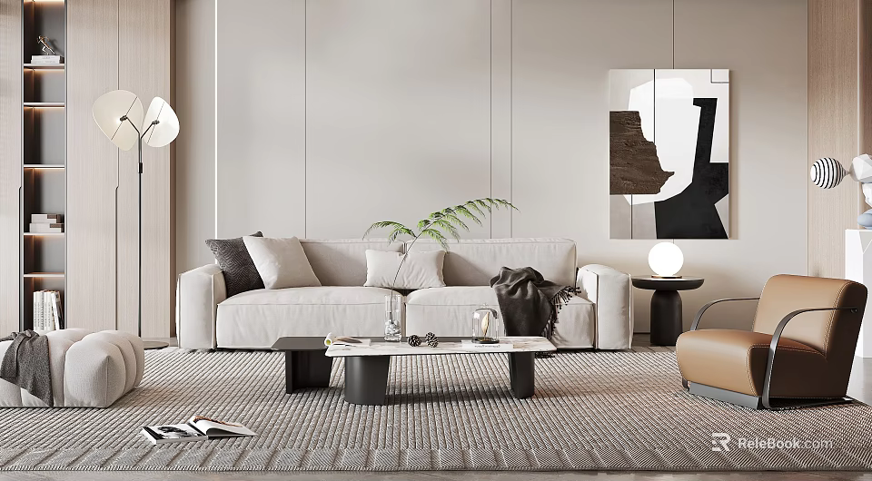 Modern Beige Sofa And Black Coffee Table With Throw Pillows Rug And Wall Art 3d model 