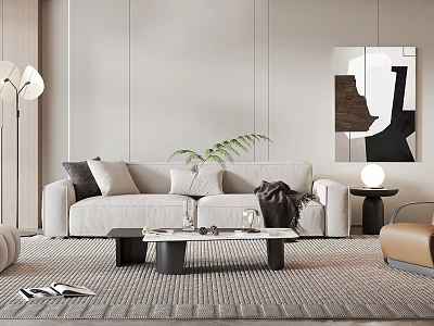 Modern Beige Sofa And Black Coffee Table With Throw Pillows Rug And Wall Art 3d model