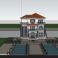 European Style Detached Villa With White Exterior Black Roof And Front Fountain