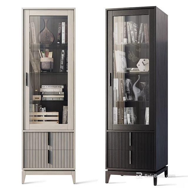 Modern Wooden Cabinet With Glass Doors Storage Space And Decorative Books Inside 3d model 