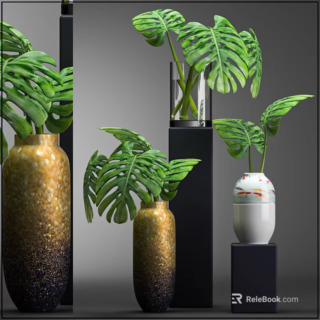 Green Monstera Leaf Potted Plants with Gold Gradient and White Patterned Vases on Black Stands 3d model 