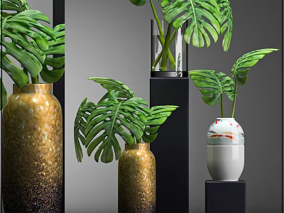 Green Monstera Leaf Potted Plants with Gold Gradient and White Patterned Vases on Black Stands 3d model