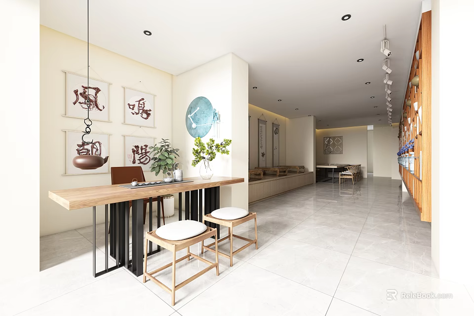 Modern Beauty Salon Interior With Wooden Table Stools Green Plants Long Corridor And Cabinets 3d model 