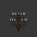 Antique Copper Chandelier With Ornate Design And Candle Shaped Lights Hanging From Chain