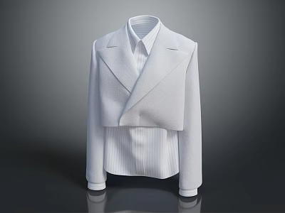 White Cropped Lapel Jacket With Striped Shirt Inner Soft Fabric Casual Style 3d model