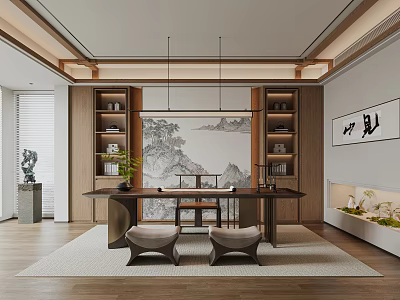 Elegant Chinese Style Study Room With Mountain River Painting And Wooden Bookshelves 3d model