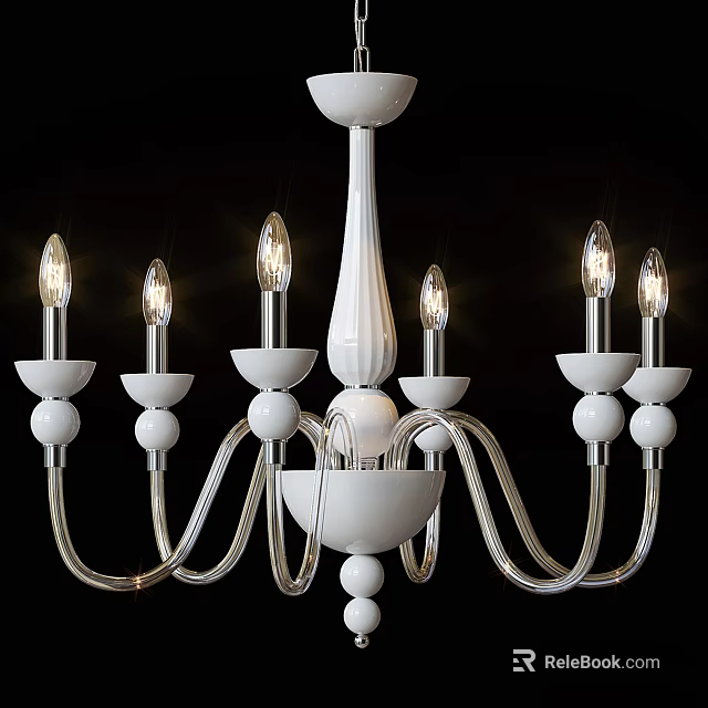 Elegant White Modern Chandelier With Curved Arms Decorative Balls And Illuminated Bulbs 3d model 